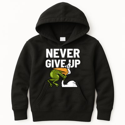 Never Give Up Frog Bird Choking Funny Motivation Kids Hoodie
