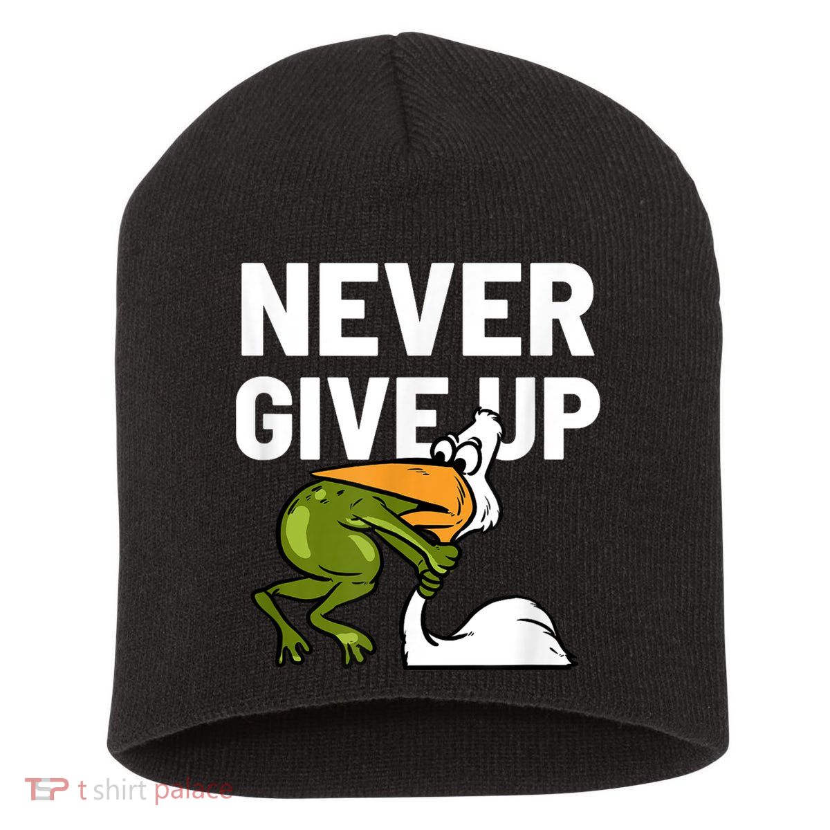 Never Give Up Frog Bird Choking Funny Motivation Short Acrylic Beanie