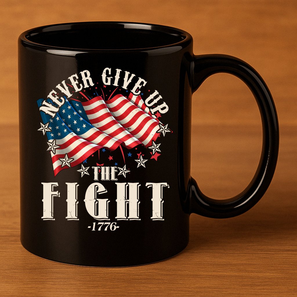 Never Give Up The Fight 1776 USA American Flag 11oz C Handle Ceramic Mug