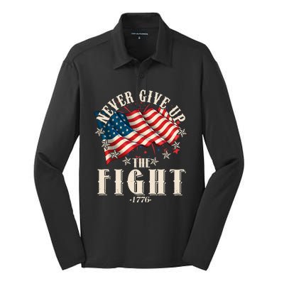 Never Give Up The Fight 1776 USA American Flag Silk Touch Performance Long Sleeve Polo