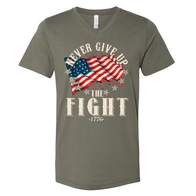 Never Give Up The Fight 1776 USA American Flag V-Neck T-Shirt