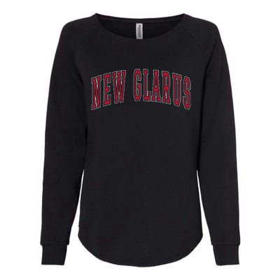 New Glarus Wisconsin Souvenir College Style Red Text Womens California Wash Sweatshirt