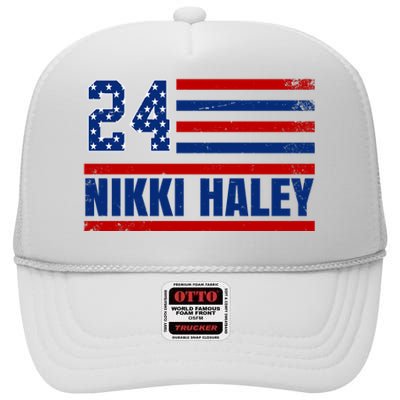 Nikki Haley 2024 American Flag Election High Crown Mesh Back Trucker Hat