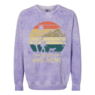 Never Hike Alone Dog Mountain Hiking Hiker Colorblast Crewneck Sweatshirt