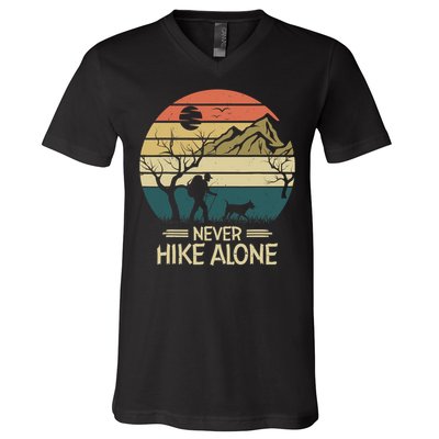 Never Hike Alone Dog Mountain Hiking Hiker V-Neck T-Shirt