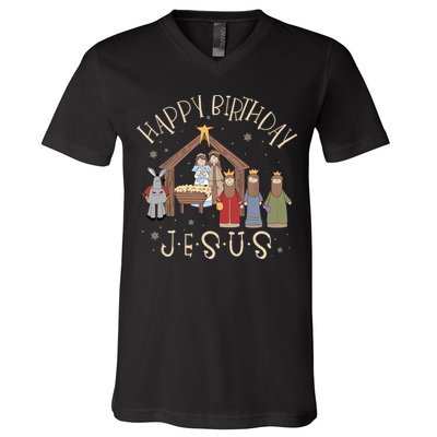 Nativity Happy Birthday Jesus Christmas Nativity Christian V-Neck T-Shirt