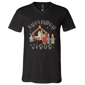 Nativity Happy Birthday Jesus Christmas Nativity Christian V-Neck T-Shirt