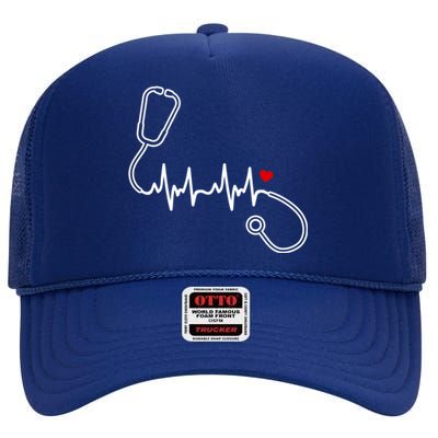 Nurse Heartbeat Clothing Gift Nurse Stethoscope Heart Gift High Crown Mesh Back Trucker Hat