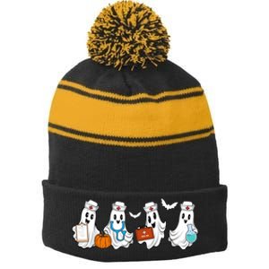 Nurse Halloween Ghost Festive Stripe Pom Pom Beanie