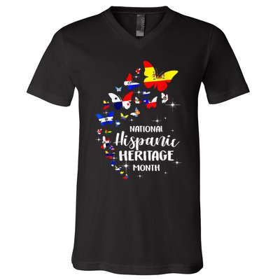 National Hispanic Heritage Month Butterfly Countries Flags V-Neck T-Shirt