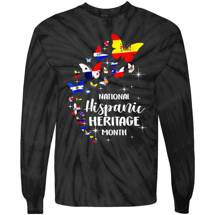 National Hispanic Heritage Month Butterfly Countries Flags Tie-Dye Long Sleeve Shirt