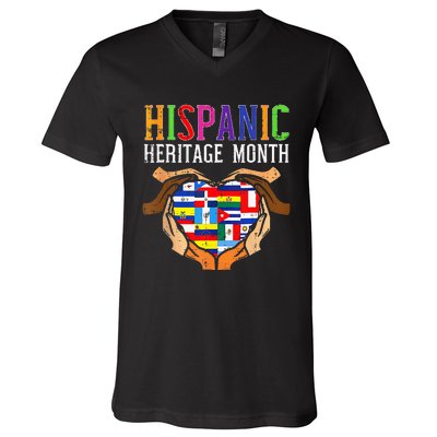 National Hispanic Heritage Month Hands Heart Flags V-Neck T-Shirt