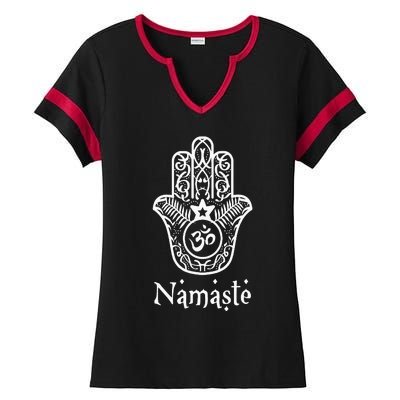 Namaste Hand Hamsa Yoga Hinduism Vedas Ohm Ladies Halftime Notch Neck Tee