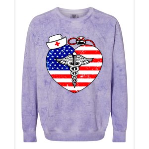 Nurses Heart In America Flag Cna Love Nurse Great Gift Colorblast Crewneck Sweatshirt