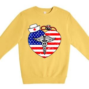 Nurses Heart In America Flag Cna Love Nurse Great Gift Premium Crewneck Sweatshirt