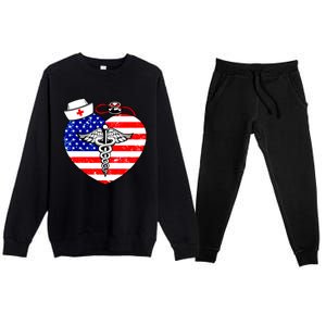 Nurses Heart In America Flag Cna Love Nurse Great Gift Premium Crewneck Sweatsuit Set