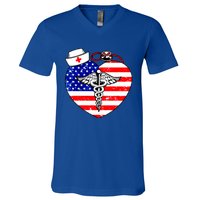 Nurses Heart In America Flag Cna Love Nurse Great Gift V-Neck T-Shirt