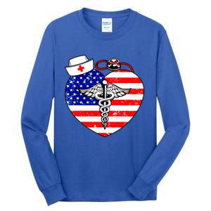 Nurses Heart In America Flag Cna Love Nurse Great Gift Tall Long Sleeve T-Shirt