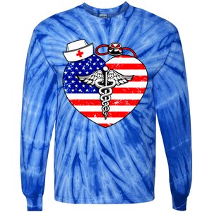 Nurses Heart In America Flag Cna Love Nurse Great Gift Tie-Dye Long Sleeve Shirt