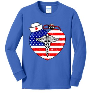 Nurses Heart In America Flag Cna Love Nurse Great Gift Kids Long Sleeve Shirt