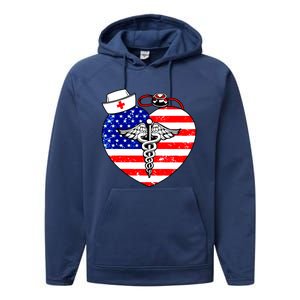 Nurses Heart In America Flag Cna Love Nurse Great Gift Performance Fleece Hoodie