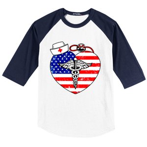 Nurses Heart In America Flag Cna Love Nurse Great Gift Baseball Sleeve Shirt