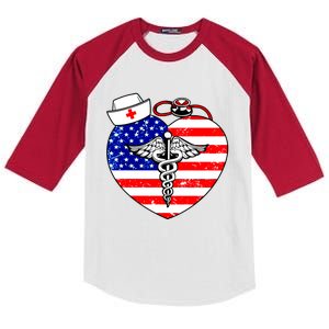 Nurses Heart In America Flag Cna Love Nurse Great Gift Kids Colorblock Raglan Jersey