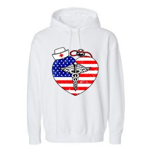 Nurses Heart In America Flag Cna Love Nurse Great Gift Garment-Dyed Fleece Hoodie