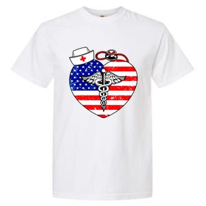 Nurses Heart In America Flag Cna Love Nurse Great Gift Garment-Dyed Heavyweight T-Shirt