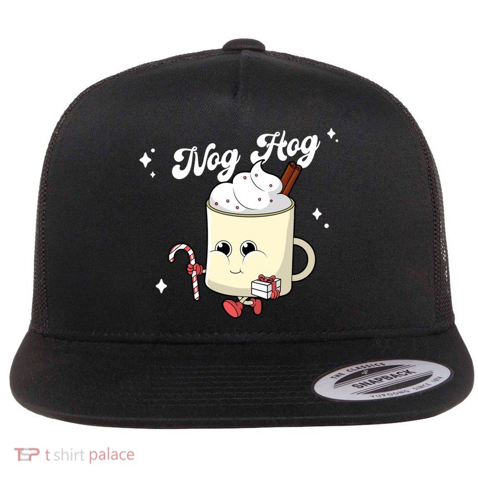 Nog Hog Kawaii Groovy Christmas Eggnog Made Me Retro Egg Nog Great Gift Flat Bill Trucker Hat