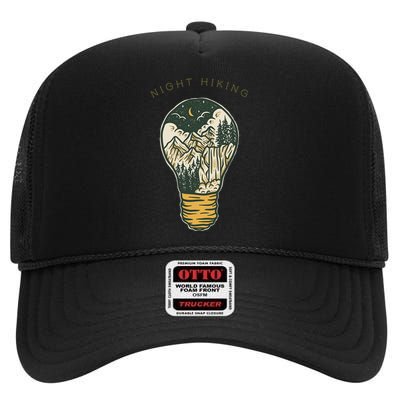 Night Hiking Mountain And Night Sky Graphic Design High Crown Mesh Back Trucker Hat