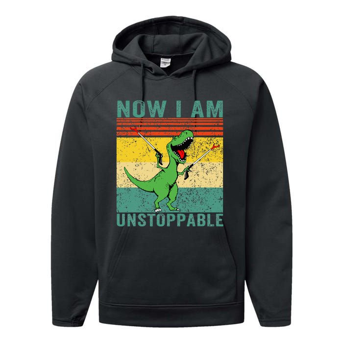 Now I am Unstoppable TRex Funny Dinosaur Retro Vintage Performance Fleece Hoodie