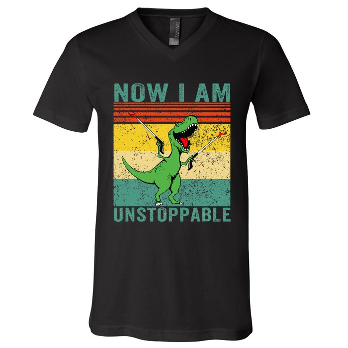 Now I am Unstoppable TRex Funny Dinosaur Retro Vintage V-Neck T-Shirt