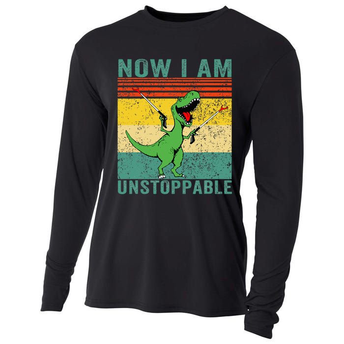 Now I am Unstoppable TRex Funny Dinosaur Retro Vintage Cooling Performance Long Sleeve Crew