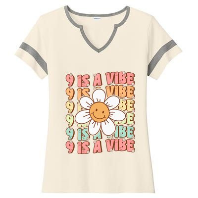 Nine Is A Vibe Cute Groovy 9th Birthday Party Daisy Flower Ladies Halftime Notch Neck Tee