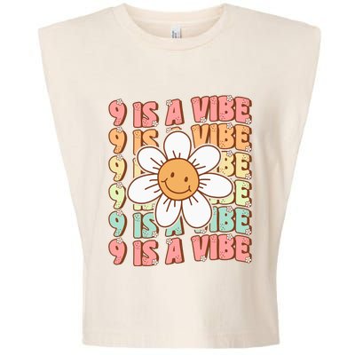 Nine Is A Vibe Cute Groovy 9th Birthday Party Daisy Flower Garment-Dyed Women's Muscle Tee