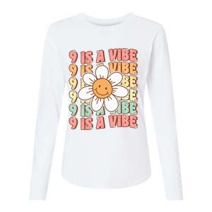 Nine Is A Vibe Cute Groovy 9th Birthday Party Daisy Flower Womens Cotton Relaxed Long Sleeve T-Shirt