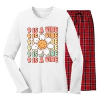 Nine Is A Vibe Cute Groovy 9th Birthday Party Daisy Flower Women's Long Sleeve Flannel Pajama Set 