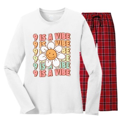 Nine Is A Vibe Cute Groovy 9th Birthday Party Daisy Flower Women's Long Sleeve Flannel Pajama Set 