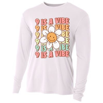 Nine Is A Vibe Cute Groovy 9th Birthday Party Daisy Flower Cooling Performance Long Sleeve Crew