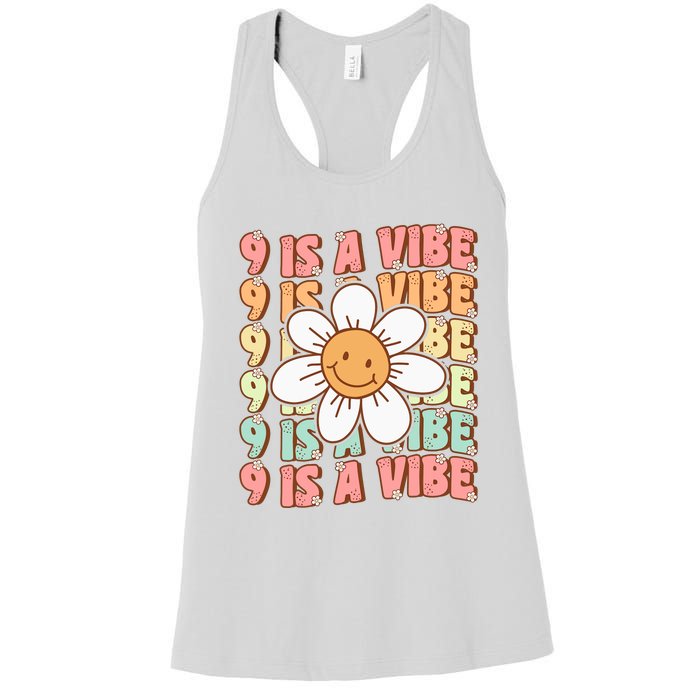 Nine Is A Vibe Cute Groovy 9th Birthday Party Daisy Flower Women's Racerback Tank