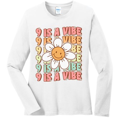 Nine Is A Vibe Cute Groovy 9th Birthday Party Daisy Flower Ladies Long Sleeve Shirt