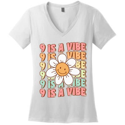 Nine Is A Vibe Cute Groovy 9th Birthday Party Daisy Flower Women's V-Neck T-Shirt