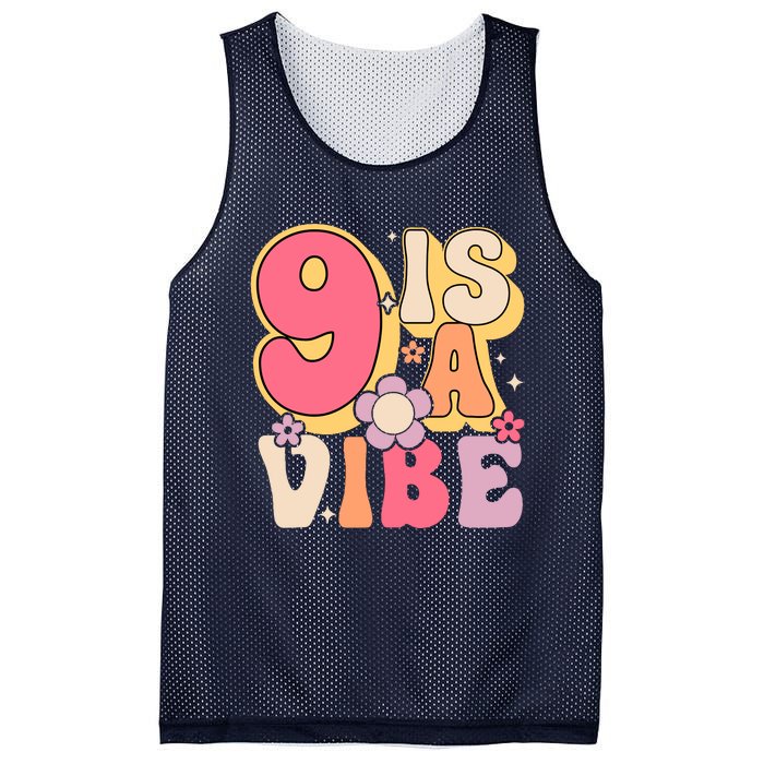 Nine Is A Vibe Birthday 9 Years Old Groovy Retro Mesh Reversible Basketball Jersey Tank