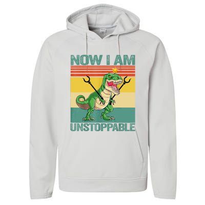 Now I Am Unstoppable TRex Funny Dinosaur Retro Vintage Performance Fleece Hoodie