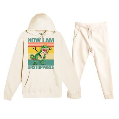 Now I Am Unstoppable TRex Funny Dinosaur Retro Vintage Premium Hooded Sweatsuit Set