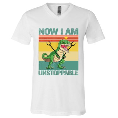 Now I Am Unstoppable TRex Funny Dinosaur Retro Vintage V-Neck T-Shirt