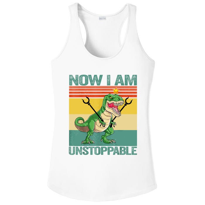 Now I Am Unstoppable TRex Funny Dinosaur Retro Vintage Ladies PosiCharge Competitor Racerback Tank