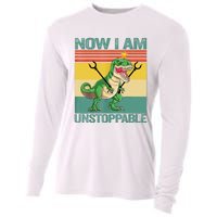 Now I Am Unstoppable TRex Funny Dinosaur Retro Vintage Cooling Performance Long Sleeve Crew