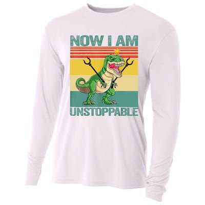 Now I Am Unstoppable TRex Funny Dinosaur Retro Vintage Cooling Performance Long Sleeve Crew